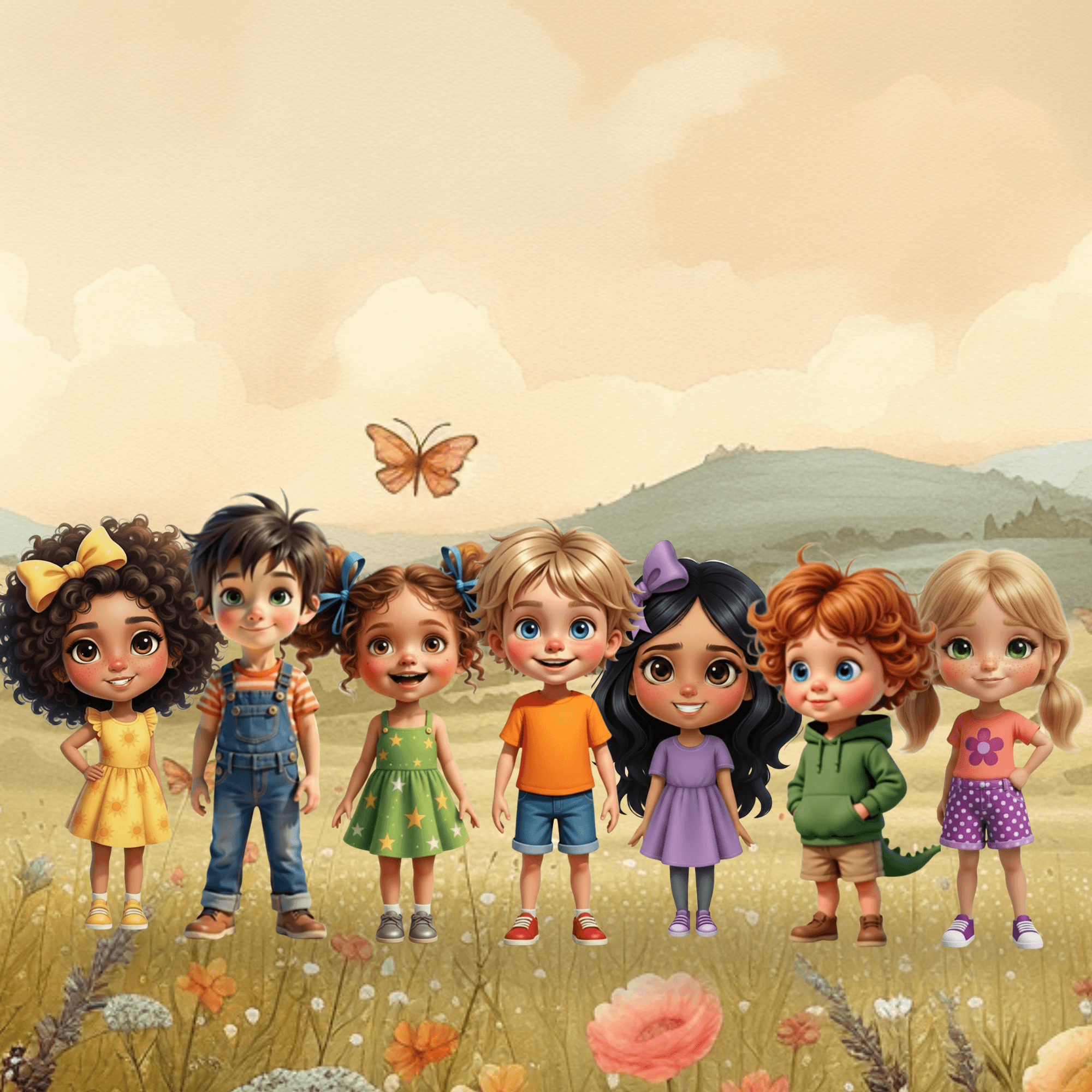 Illustration of diverse children from the Wonderville Friends series in a meadow, promoting autism and neurodiversity children's books.